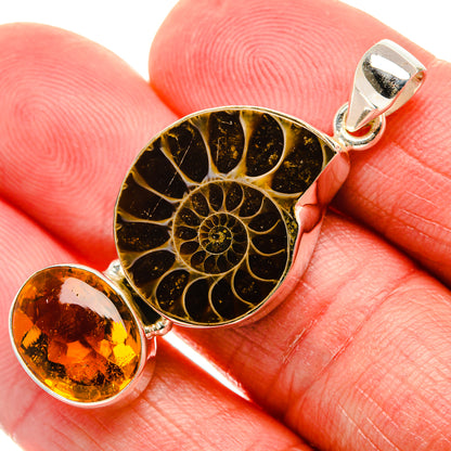 Ammonite Fossil, Citrine Pendant 1 3/4"  (925 Sterling Silver) PD37213