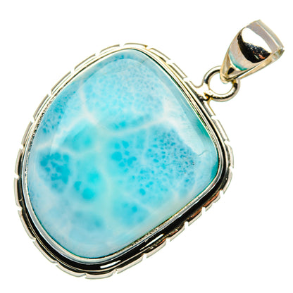 Larimar 925 sterling silver pendant, blue teardrop cabochon in beaded border bezel