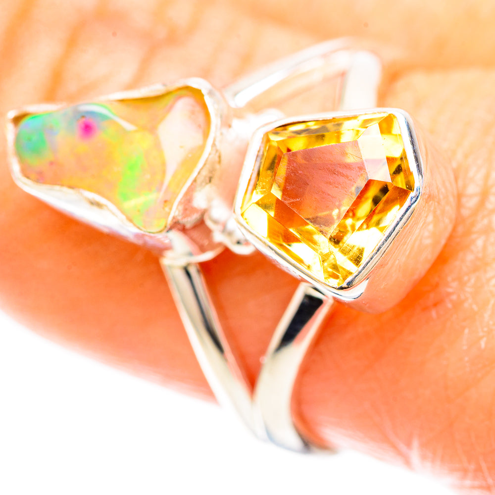 Sterling silver ring with rough opal and faceted yellow citrine gemstone, prong-set