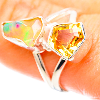 Sterling silver ring with rough opal and faceted yellow citrine gemstone, prong-set