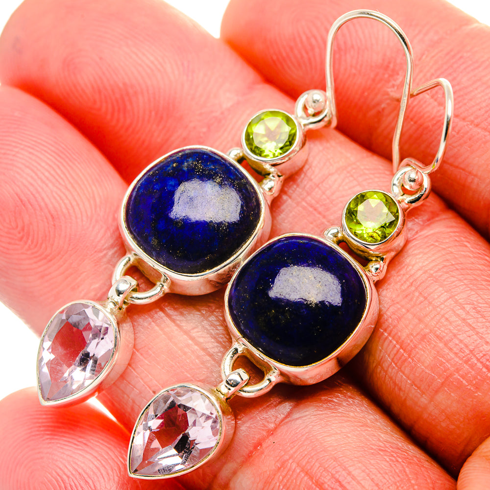 Sterling silver drop earrings with blue cabochons, green round gems and pink teardrop stones