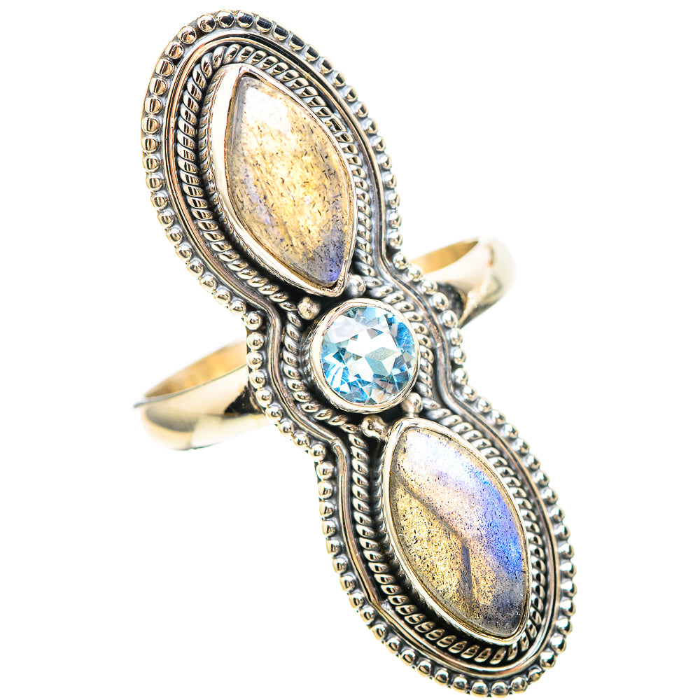 925 sterling silver ring with bezel-set oval labradorite stones and round blue topaz