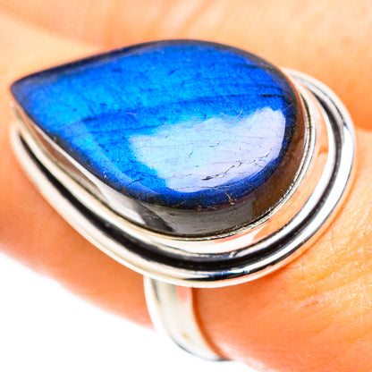 Labradorite sterling silver ring with blue teardrop stone and triple split bands