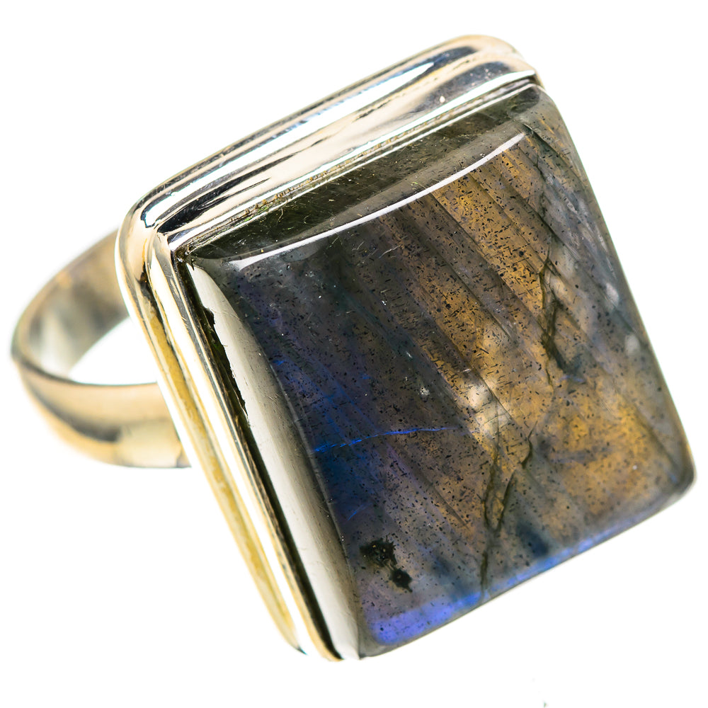 Sterling silver ring featuring a square labradorite cabochon with blue flashes