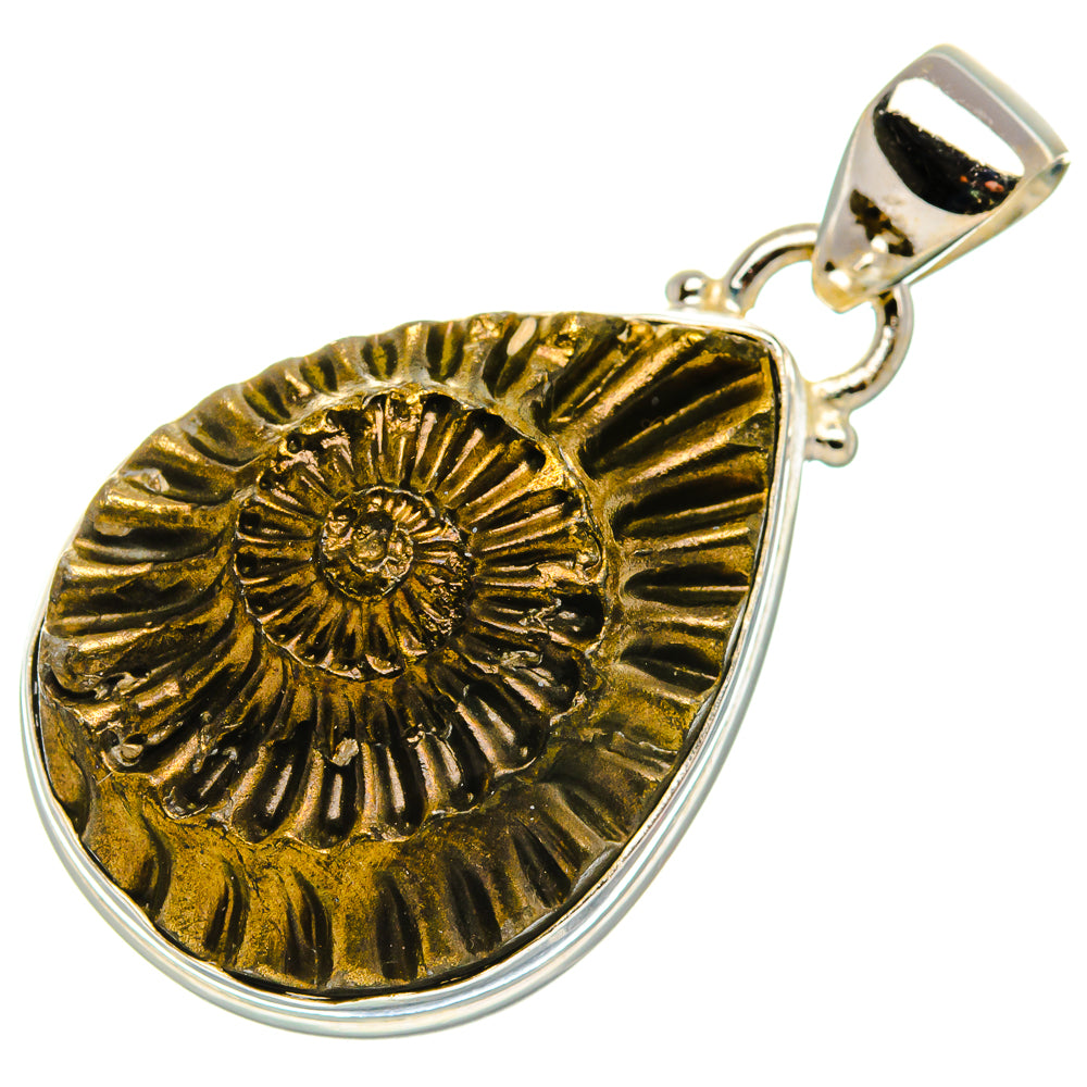 Pyrite fossil 925 sterling silver teardrop pendant with ornate gold-tone center