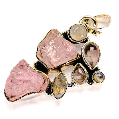 Rough Rose Quartz, Rainbow Moonstone, Blue Topaz Pendant 1 3/4" (925 Sterling Silver) PD36751