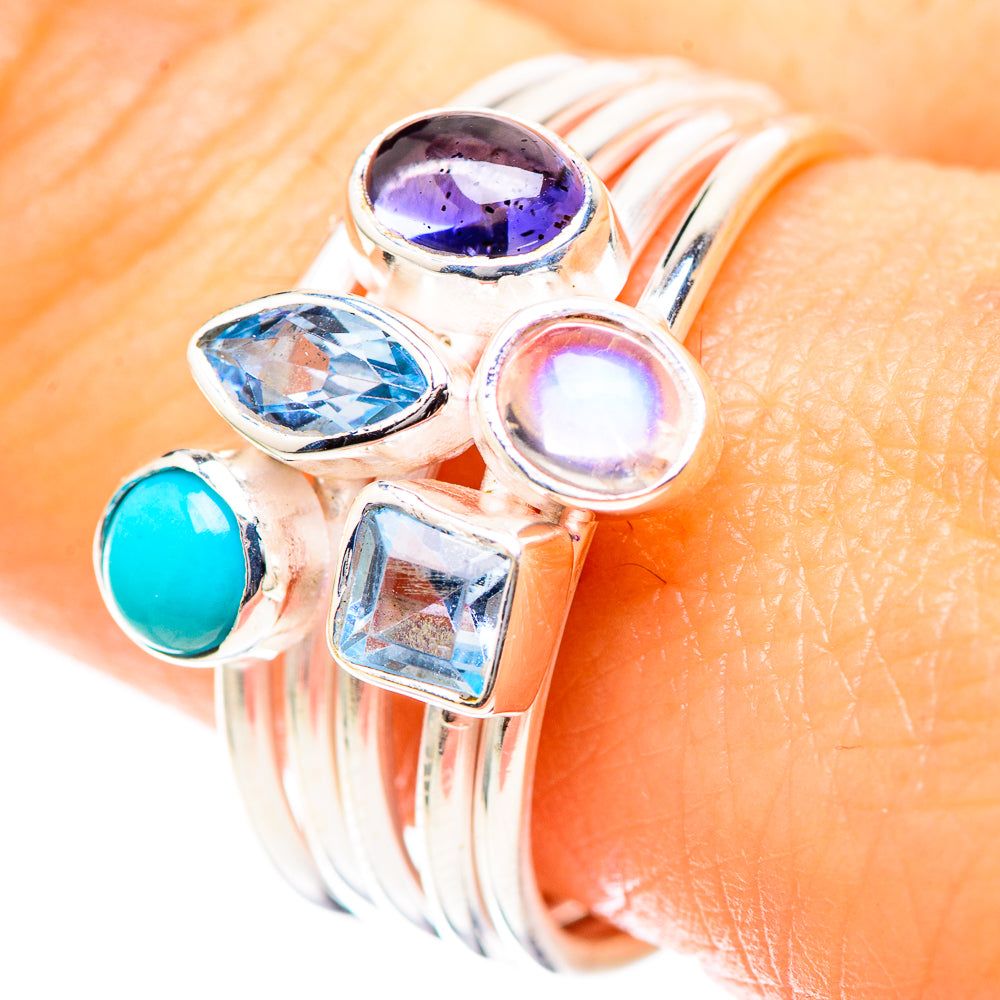 Sterling silver gemstone ring with blue topaz, tanzanite, larimar, and rainbow moonstone