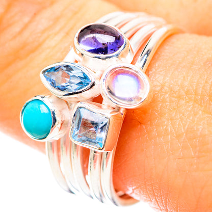 Sterling silver gemstone ring with blue topaz, tanzanite, larimar, and rainbow moonstone