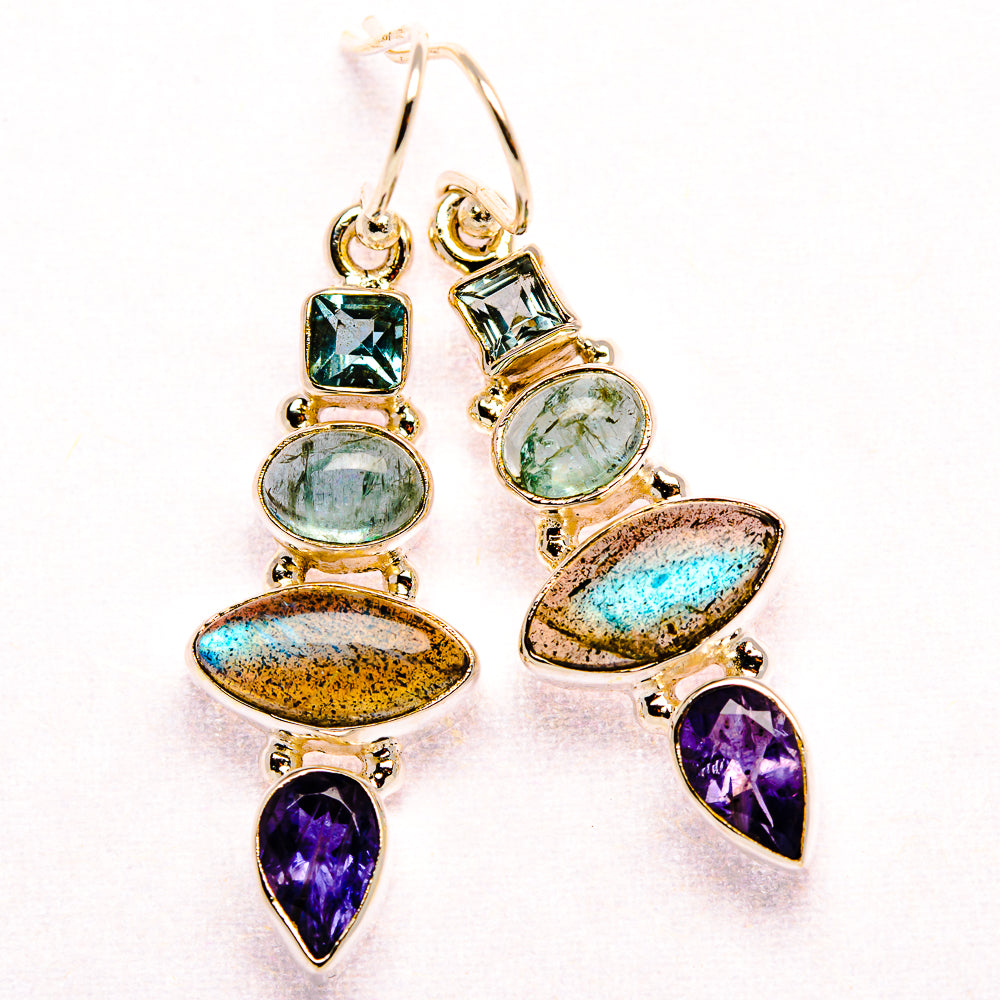 925 sterling silver drop earrings with blue and green oval stones plus purple teardrops