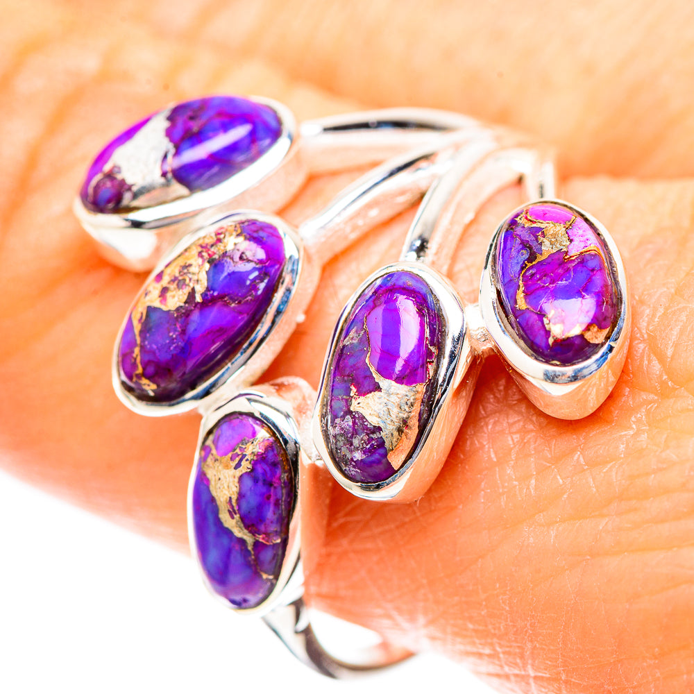 Sterling silver ring with oval purple composite turquoise stones, five-stone design