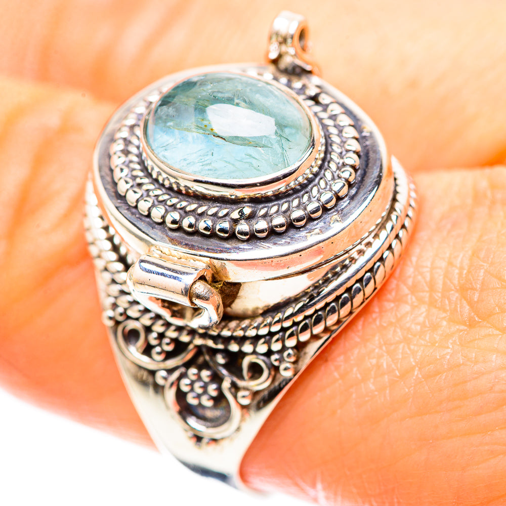 Sterling silver ring with round aquamarine cabochon and ornate beaded bezel