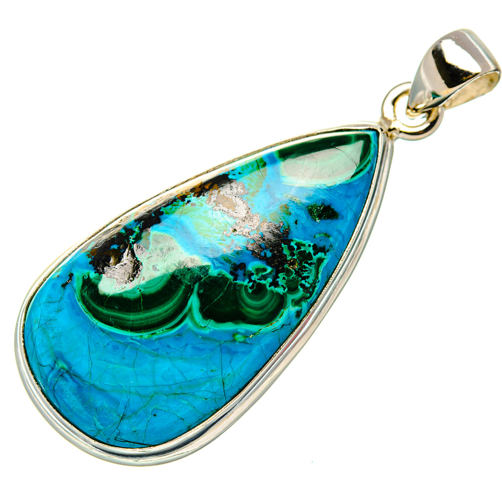 Turquoise and green teardrop pendant with bail, polished 925 sterling silver bezel