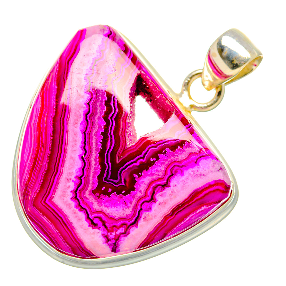 Pink agate window druzy pendant with sterling silver frame and gold-tone bail