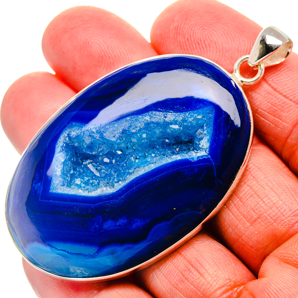 Blue drusy window pendant with oval stone and 925 sterling silver bail