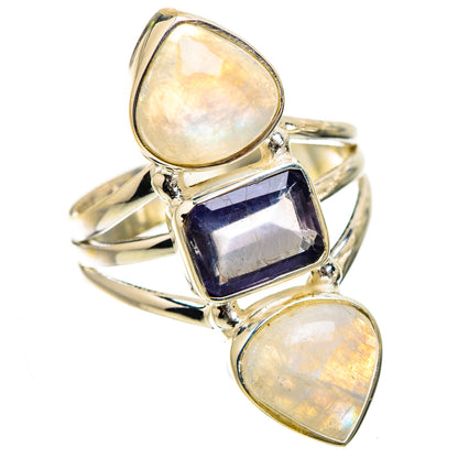 925 sterling silver ring with faceted dark purple square stone and two oval opal-like stones