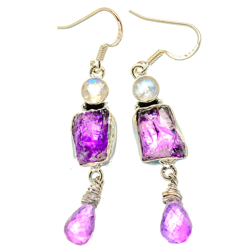 Rough Amethyst, Rainbow Moonstone Earrings 2" (925 Sterling Silver) EARR431490