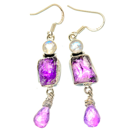 Rough Amethyst, Rainbow Moonstone Earrings 2" (925 Sterling Silver) EARR431490
