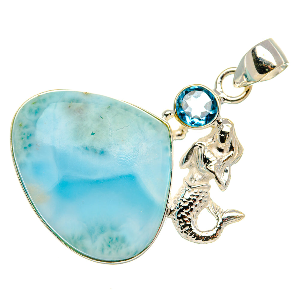 Oval blue larimar pendant with blue topaz and mermaid silhouette, sterling silver bail