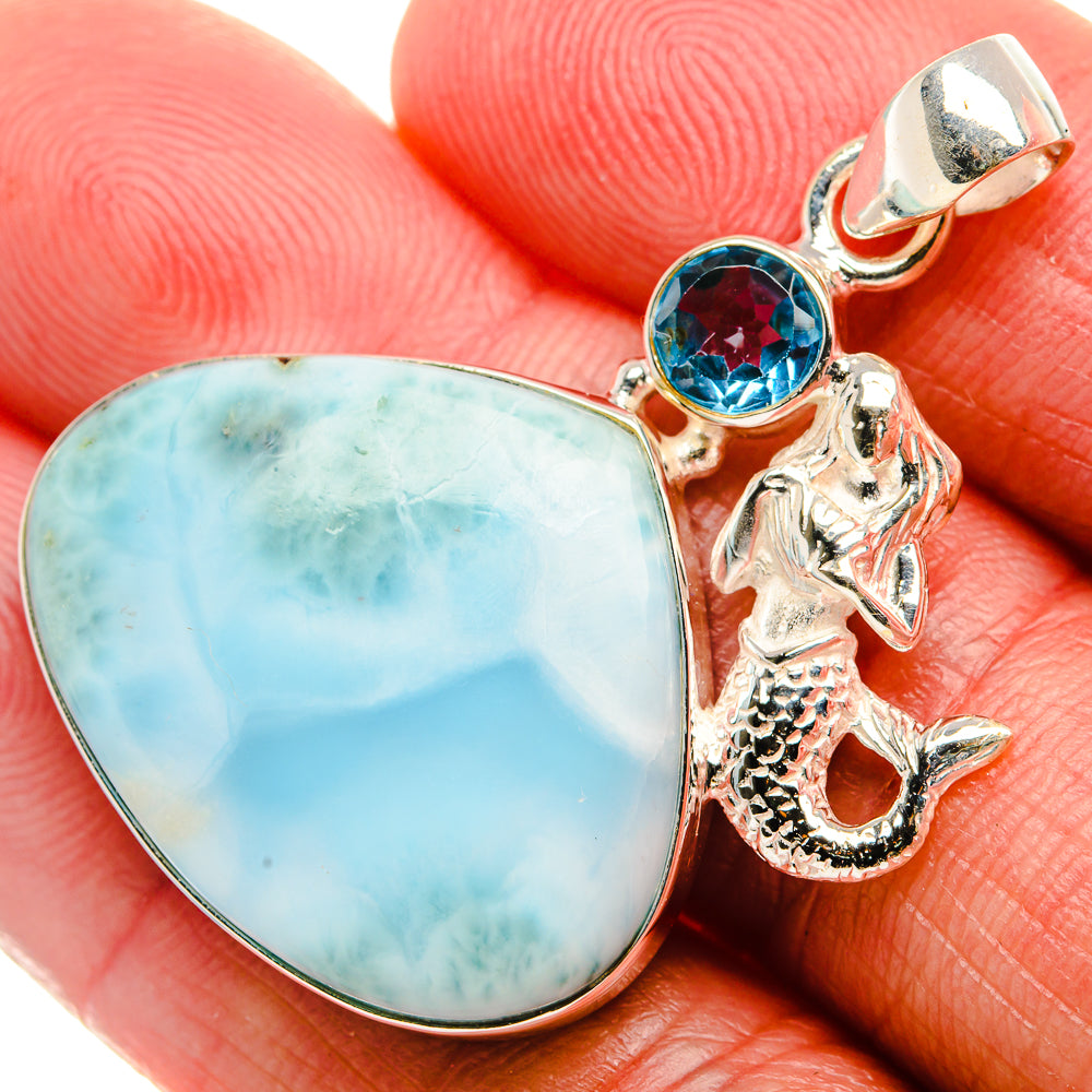 925 sterling silver pendant with oval blue larimar stone, blue topaz, mermaid charm