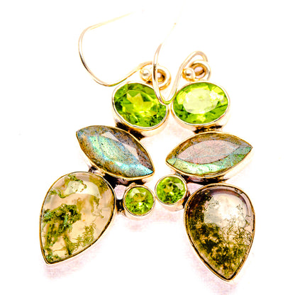 Green Moss Agate, Labradorite, Peridot Sterling Silver Earrings 1 7/8" E431805