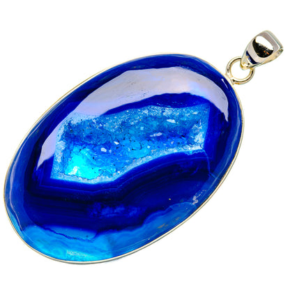 Oval blue druzy window pendant with 925 sterling silver bail and connector loop