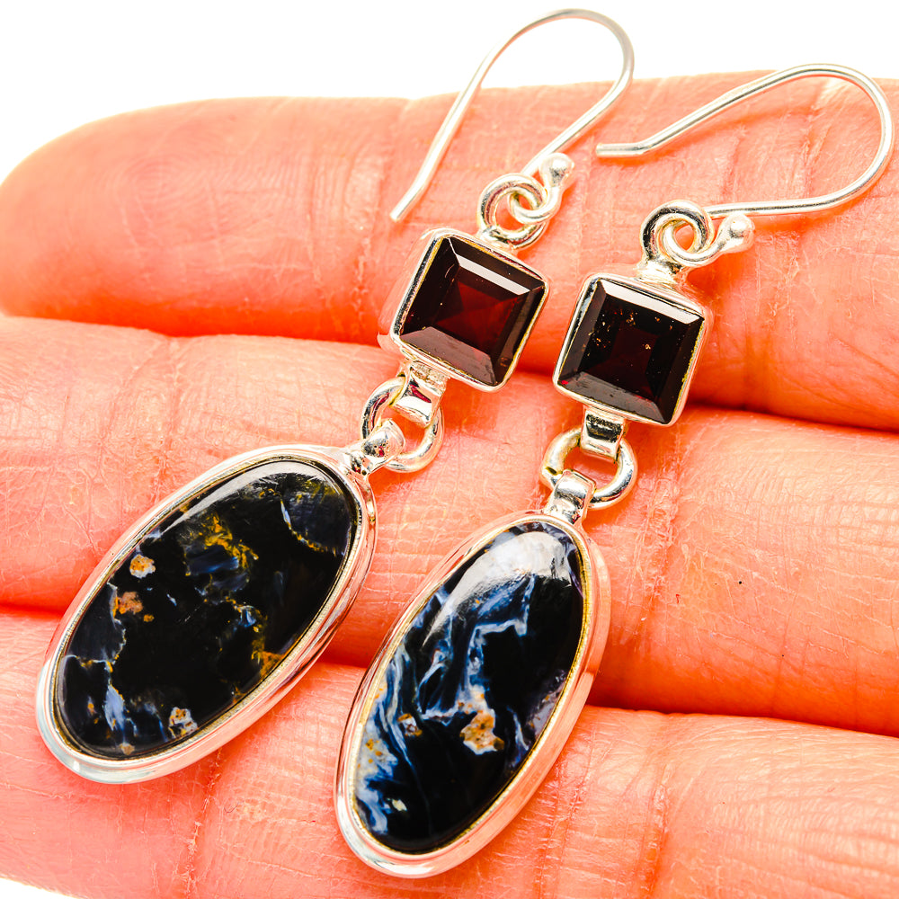 925 sterling silver earrings with oval pietersite and red square garnet accents, hooks