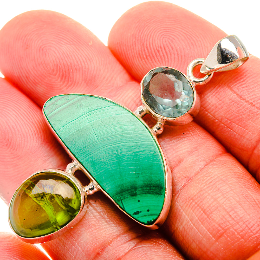 Malachite, Green Tourmaline, Aquamarine 925 Sterling Silver Pendant 2 1/8" (925 Sterling Silver) PD37744
