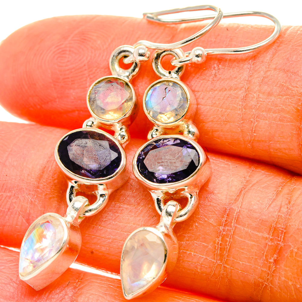 Faceted Tanzanite, Rainbow Moonstone Earrings 1 3/4" (925 Sterling Silver) EARR431723