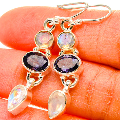 Faceted Tanzanite, Rainbow Moonstone Earrings 1 3/4" (925 Sterling Silver) EARR431723