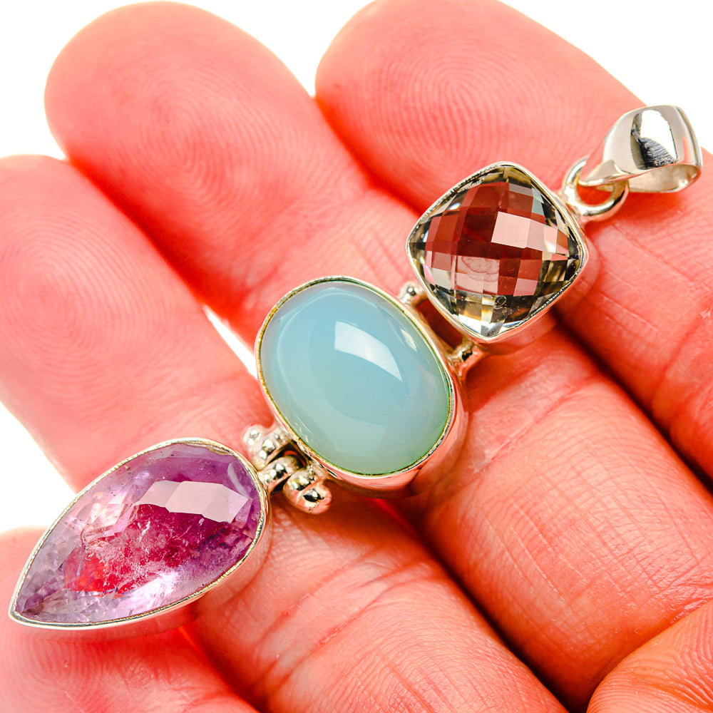 Blue Chalcedony, Amethyst, Green Amethyst Pendant 2 3/8" (925 Sterling Silver)