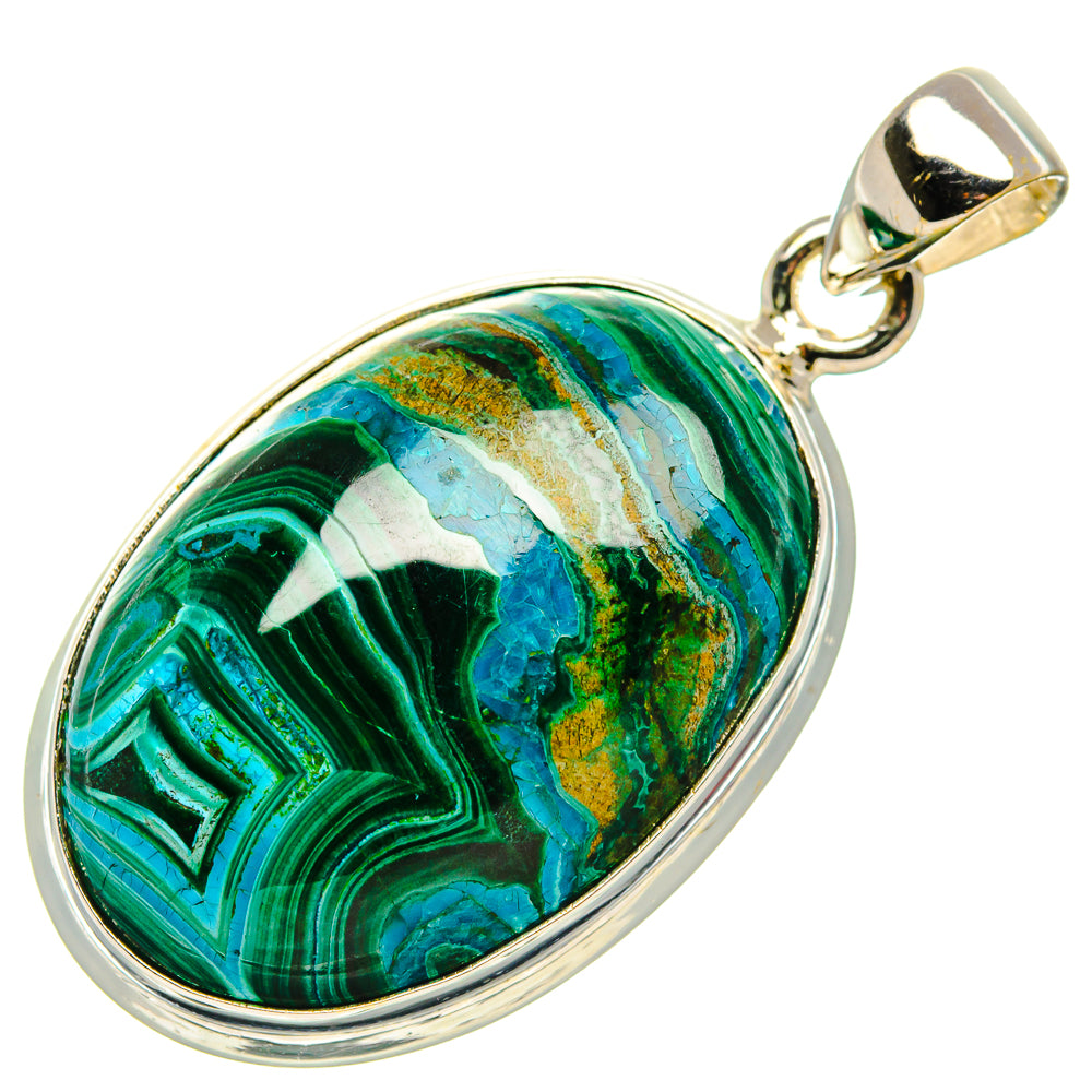 Silver-framed malachite and chrysocolla oval pendant with polished bail, angled view