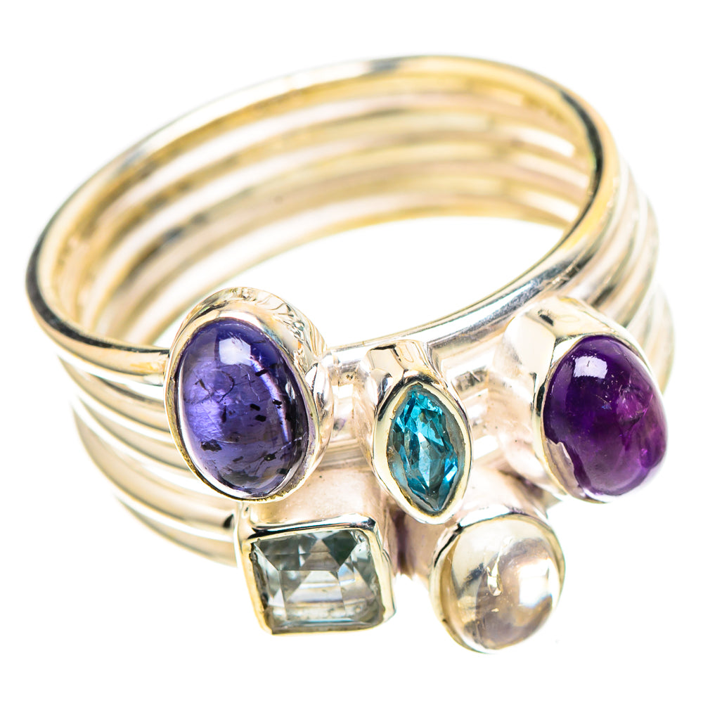 Sterling silver ring with two purple amethyst ovals, teal blue topaz, square clear stone, moonstone