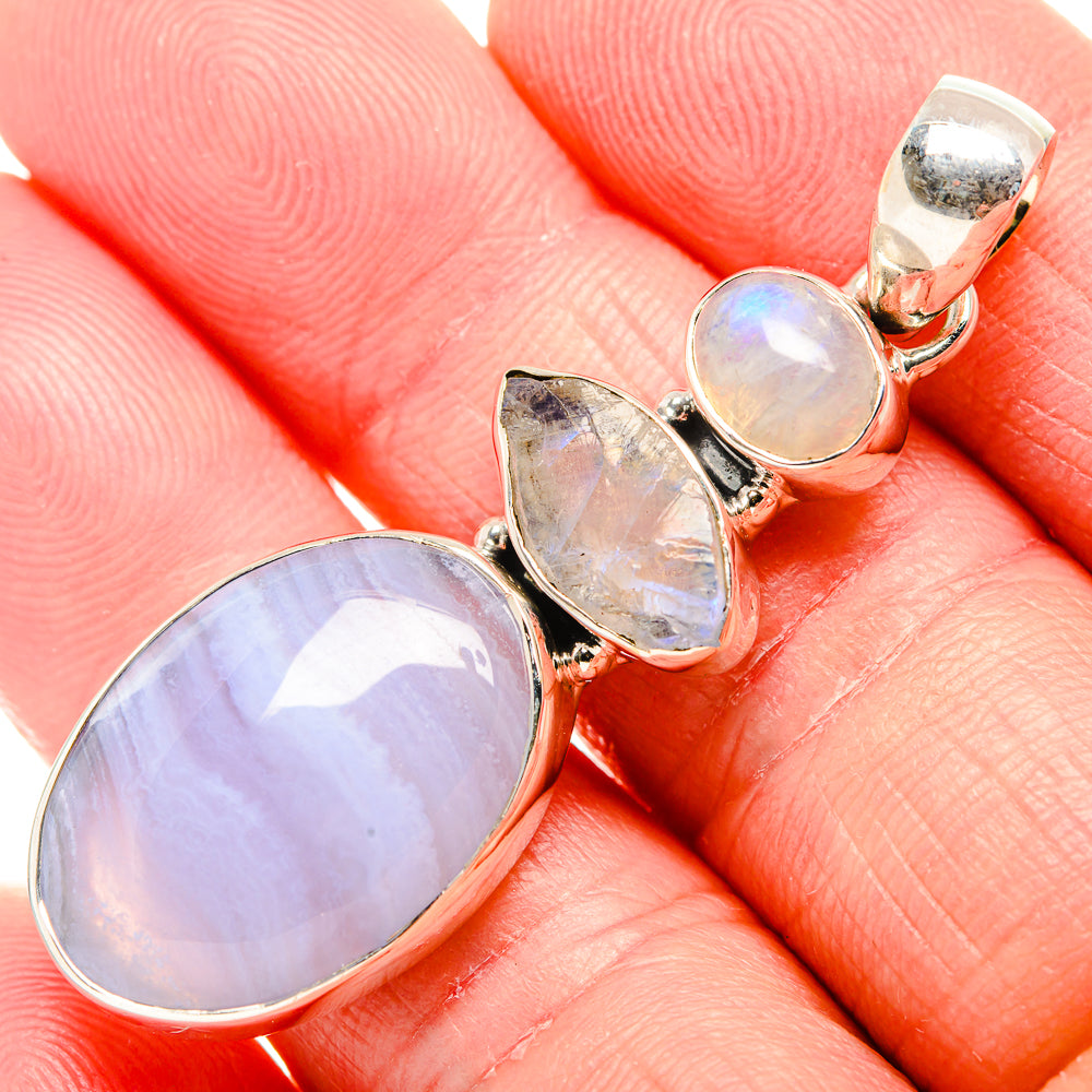 Blue Lace Agate, Rainbow Moonstone Pendant 2" (925 Sterling Silver) PD36803