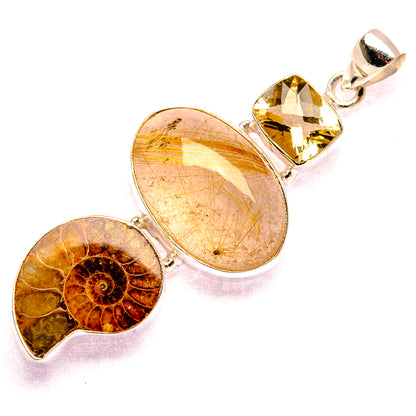 Rutilated Quartz, Ammonite Fossil, Citrine Pendant 2 3/8" (925 Sterling Silver) PD37392