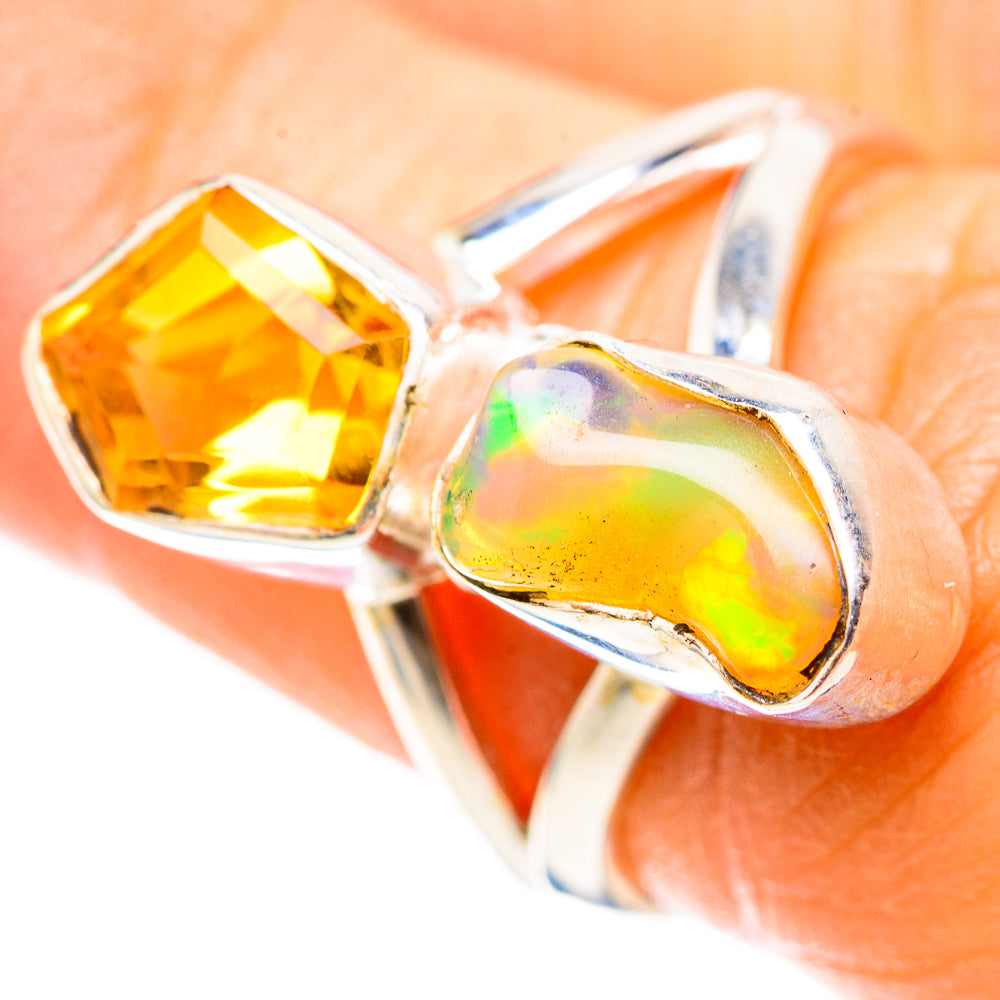 925 silver ring with yellow cushion citrine and iridescent opal marquise settings