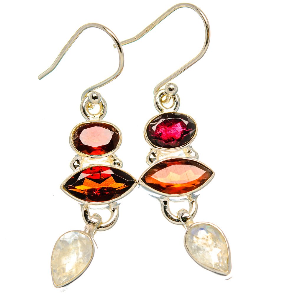 Sterling silver multi-garnet drop earrings with moonstone pear dangles