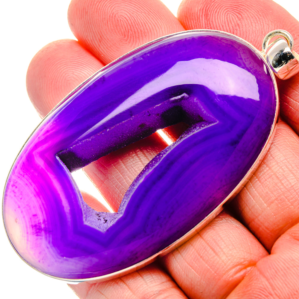 Purple oval window druzy pendant in polished 925 sterling silver bezel, round loop bail