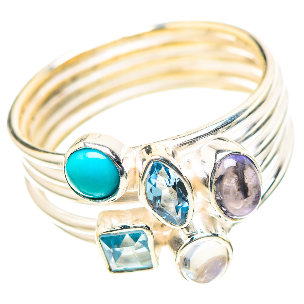 Sterling silver ring with teal larimar cabochon, blue stones, purple tanzanite, moonstone