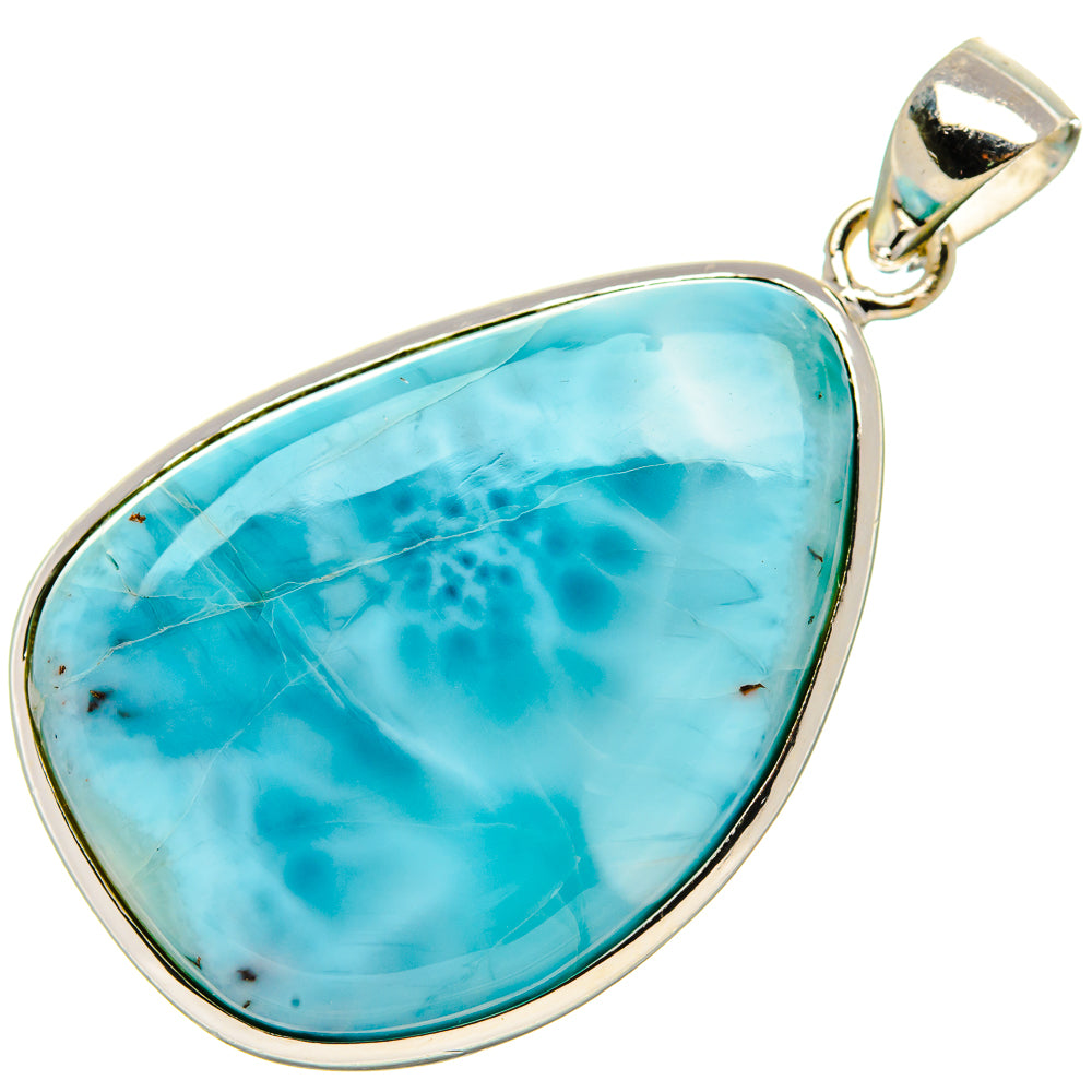 Silver bezel Larimar teardrop pendant with bail; vivid blue stone, veined pattern