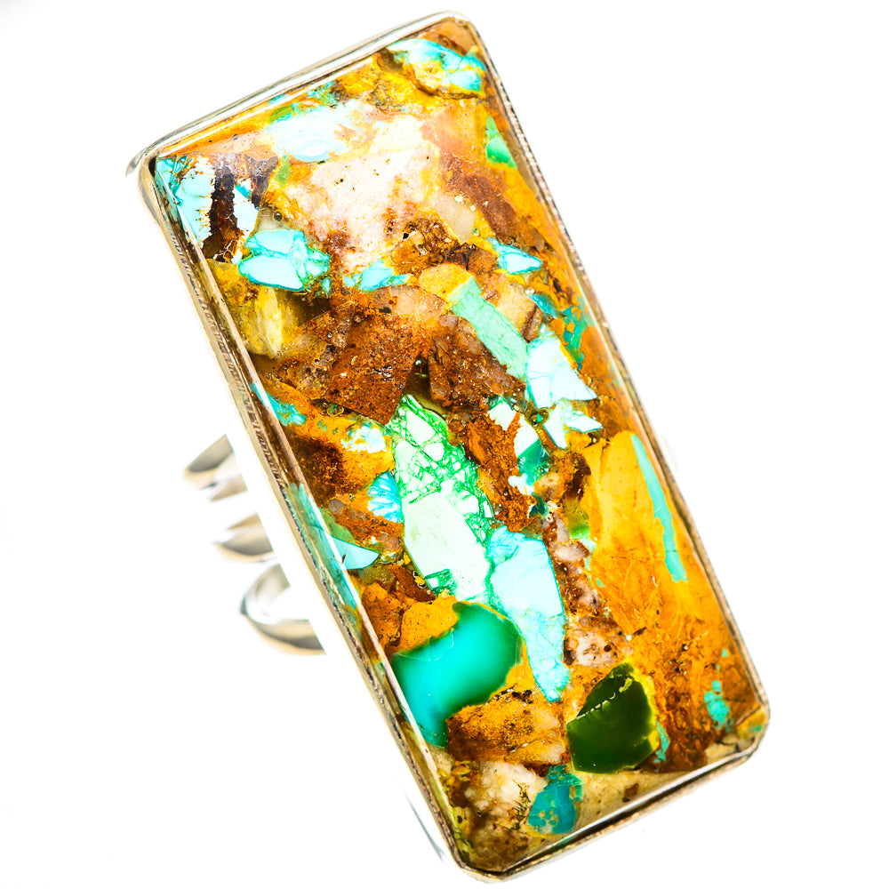 Sterling silver rectangular turquoise inlay ring with ornate bezel, size 8.75