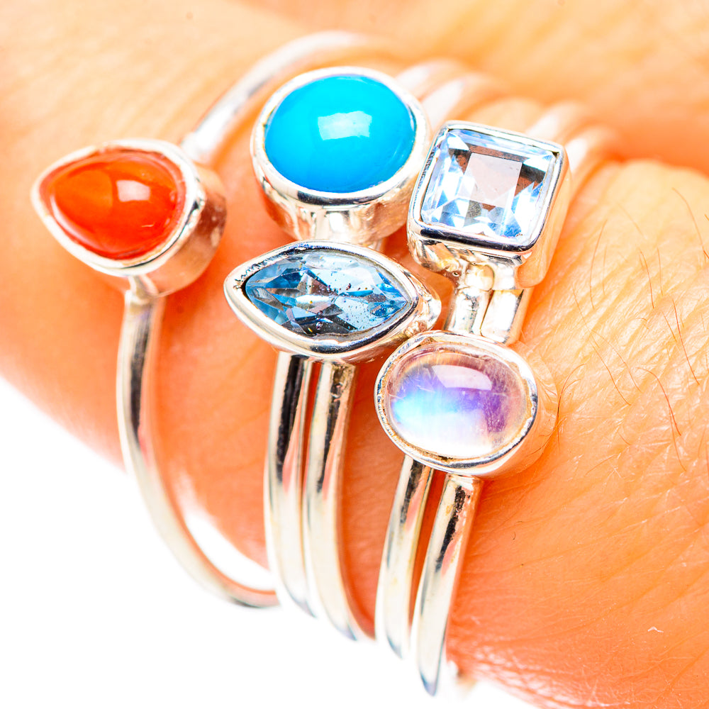 Larimar, Red Coral, Blue Topaz, Rainbow Moonstone 925 Sterling Silver Ring Size 7.5 (925 Sterling Silver) RING137506