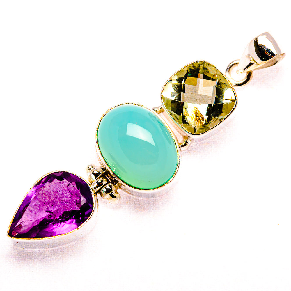Sterling silver gemstone pendant with purple teardrop, round citrine, and oval aqua stones