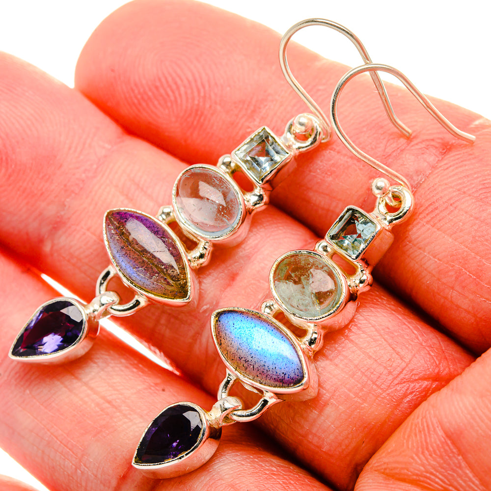 Labradorite, Tanzanite, Aquamarine, Blue Topaz Earrings 1 7/8" (925 Sterling Silver) EARR431906