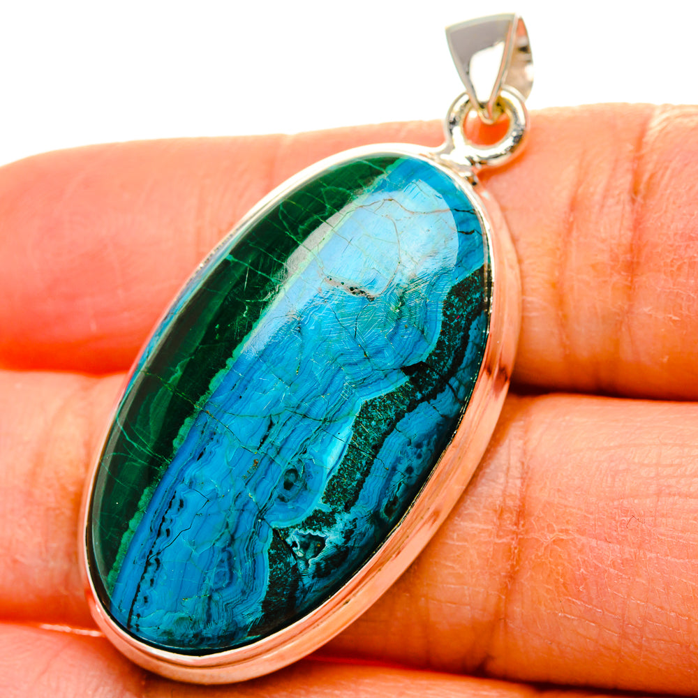 Oval malachite-and-chrysocolla pendant in 925 sterling silver bezel, blue-green stone