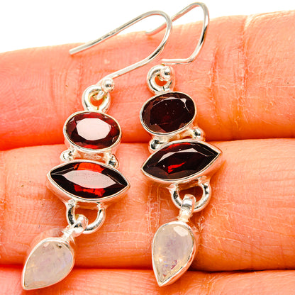 Garnet, Rainbow Moonstone Earrings 1 3/4" (925 Sterling Silver) EARR431754