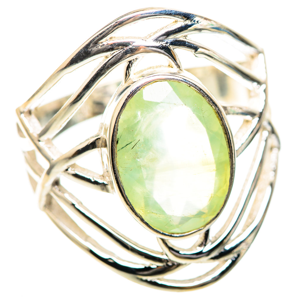 Sterling silver ring with green oval prehnite cabochon, bezel and curved prongs