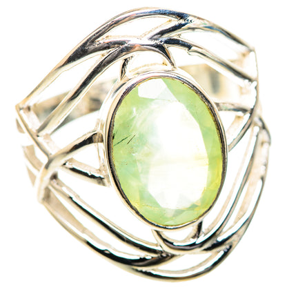 Sterling silver ring with green oval prehnite cabochon, bezel and curved prongs
