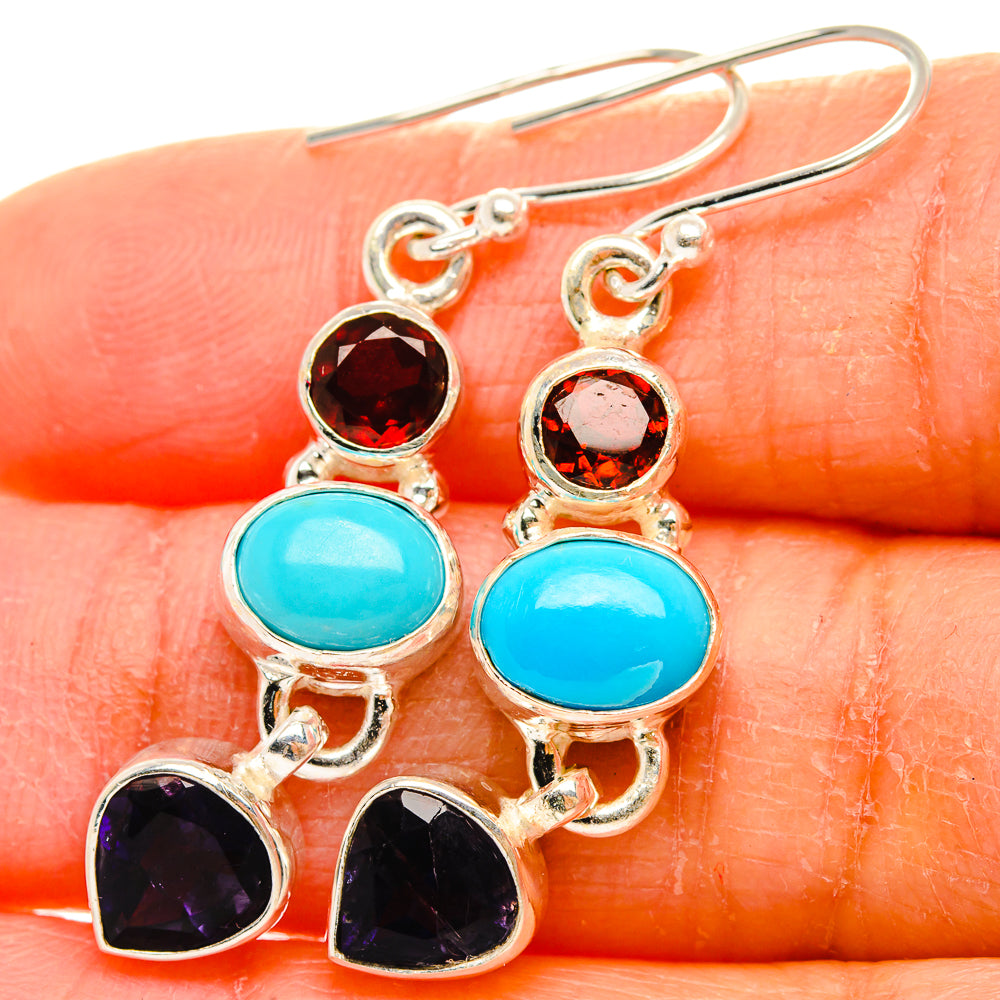 Ana Silver Co Sleeping Beauty Turquoise, Garnet, Tanzanite Earrings 1 3/4" (925 Sterling Silver)