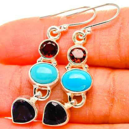 Ana Silver Co Sleeping Beauty Turquoise, Garnet, Tanzanite Earrings 1 3/4" (925 Sterling Silver)