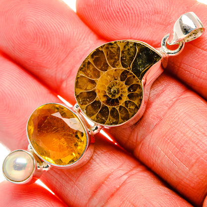 Ammonite Fossil, Citrine, Cultured Pearl Pendant 2 1/8"  (925 Sterling Silver) PD37191